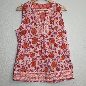 Sigrid Olsen Orange Floral Sleeveless Embroidered Boho Blouse Top Size Medium